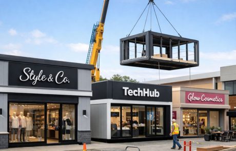 strip mall store being dropped in place by a crane