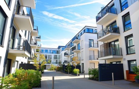 large courtyard in middle of large apartment complex